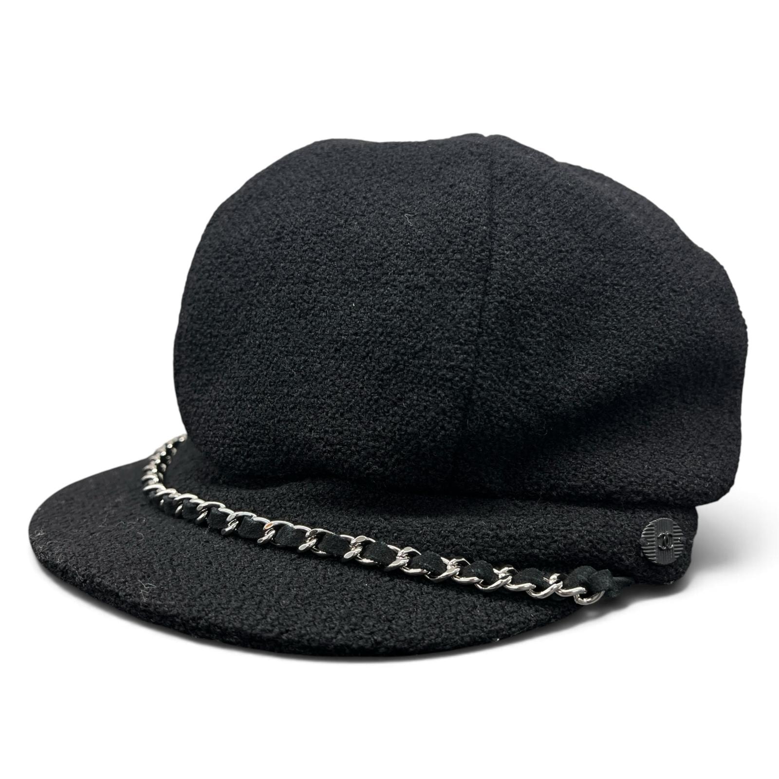 CHANEL 希少 極美品 シャネル ココマーク ツイード チェーンデザイン キャスケット キャップ #M ウール ブラック 帽子 Aランク 中古 鑑定済 シャネルキャスケット