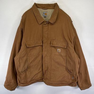 古着 カーハート Carhartt ダック ジャケット 中綿 フルジップ ワンポイント ロゴ 大きいサイズ 3XL ブラウン系 メンズ