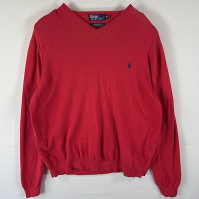 古着 ポロバイラルフローレン Polo by Ralph Lauren コットンニットセーター Vネック ワンポイントロゴ刺繍 大きいサイズ 14041 レッド メンズ