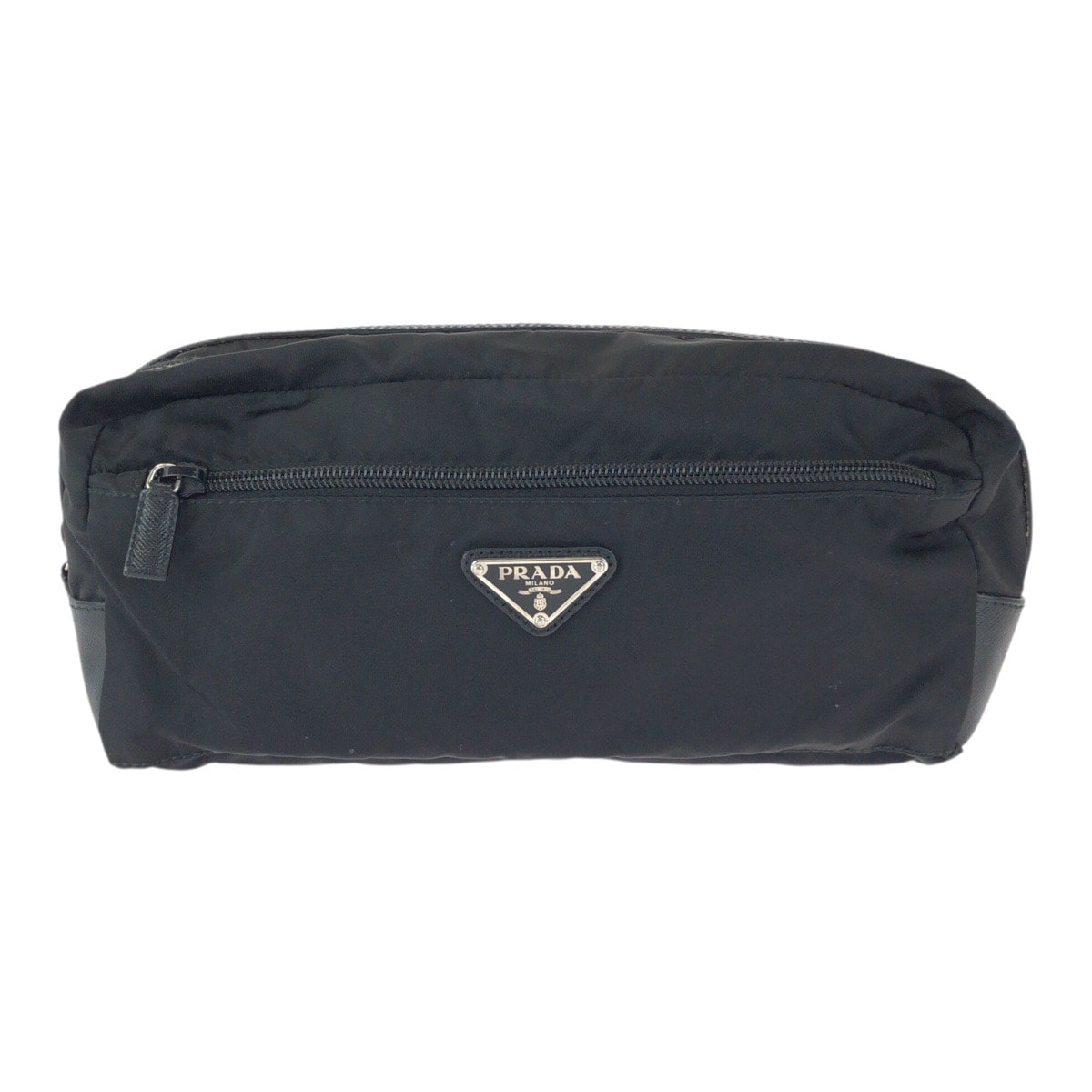 PRADA プラダ テスート サフィアーノ 三角ロゴプレート ブラック 黒 シルバー金具 ナイロン レザー/ クラッチバッグ セカンドバッグ 男女兼用 601516 【中古】