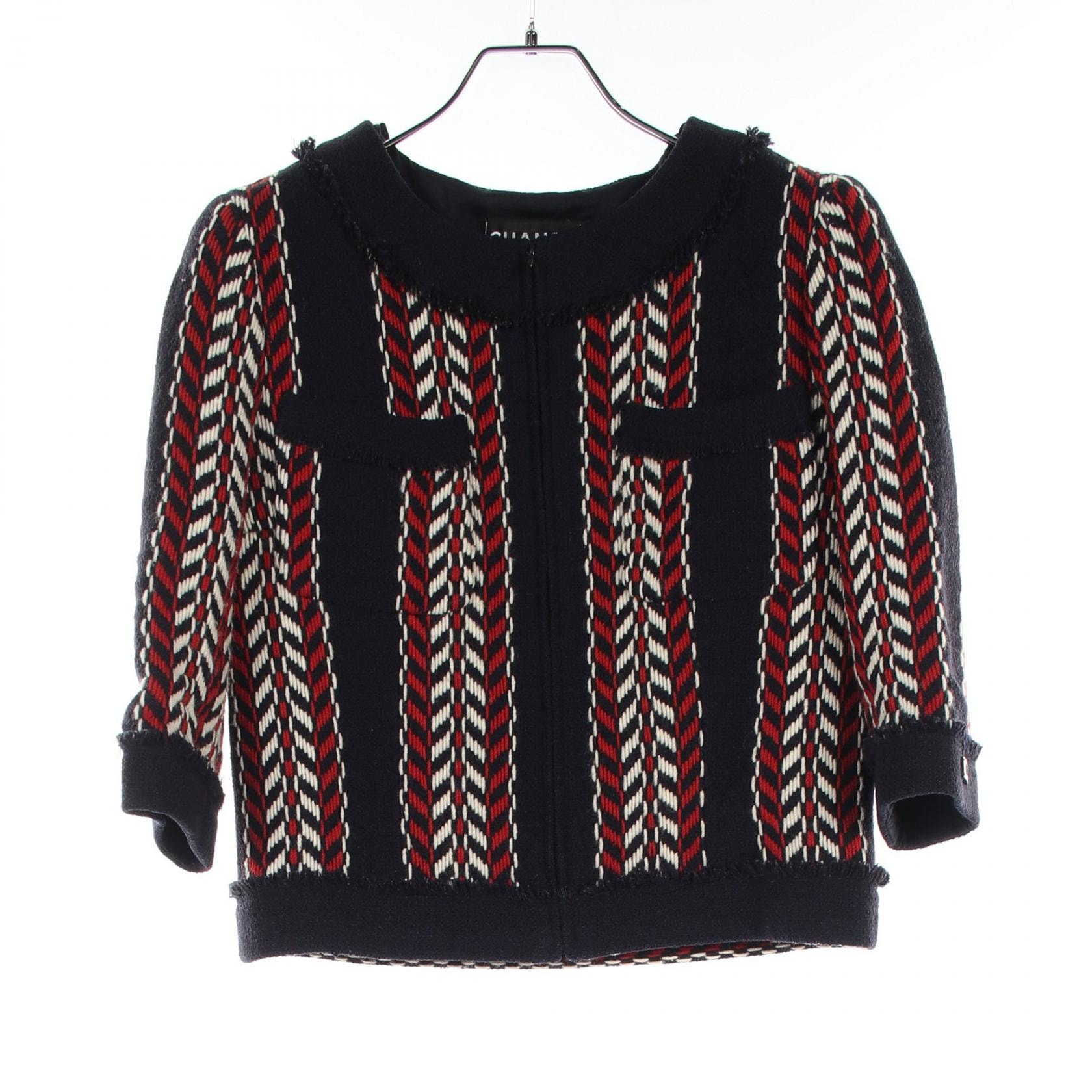 シャネル CHANEL トリコロール ノーカラージャケット 衣料品 アウター ウール レディース ネイビー系 / レッド系 / アイボリー系 P24466V15146 【中古】