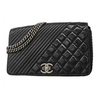 ★SALE【6db1632-k】シャネル ショルダーバッグ マトラッセ Wチェーン カーフスキン ブラック シルバー金具【中古】レディース