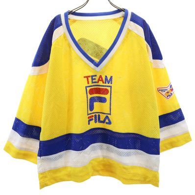 FILA フィラ ロゴプリント 7分袖 メッシュ ゲーム シャツ S イエロー系 バックプリント アイスホッケー