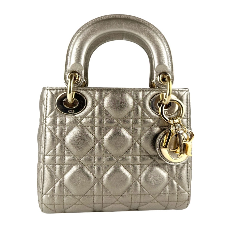 クリスチャンディオール Christian Dior ハンドバッグ ショルダーバッグ レディ ディオール ミニ ラムスキン メタリックカーキ ゴールド レディース【中古】 z9627