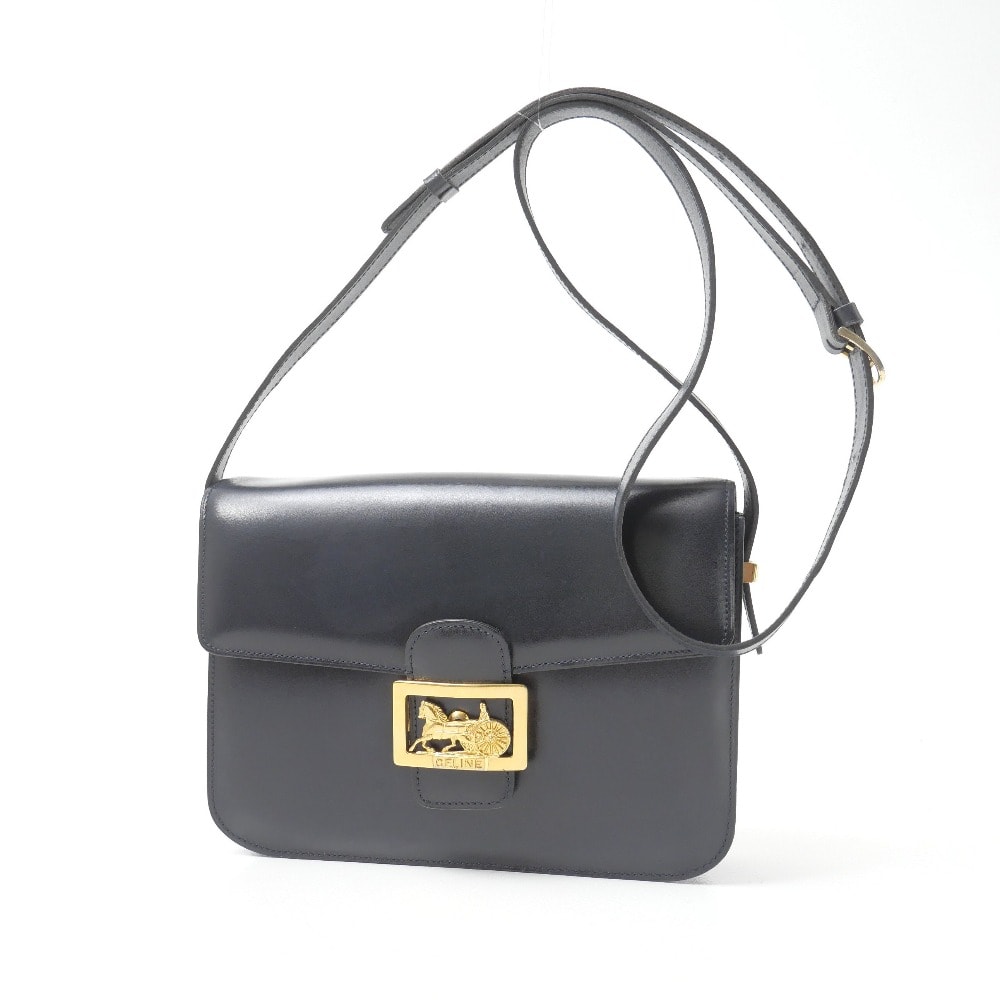 OLD CELINE オールドセリーヌ ヴィンテージ ショルダーバッグ 馬車金具 レザー 本革 ネイビー ブランド古着【中古】20260824/RB0405