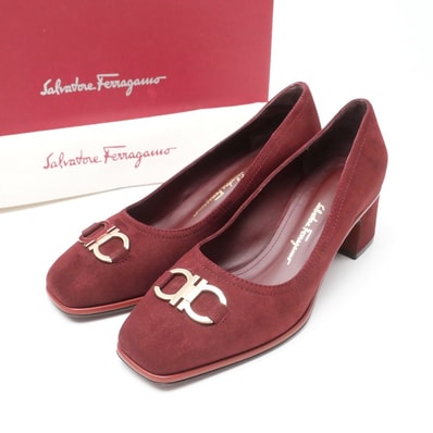 ■美品■Salvatore Ferragamo サルヴァトーレフェラガモ パンプス サイズ5 ガンチーニ チャンキーヒール スウェード レザー 靴 ブランド古着【中古】20250627/RA5224