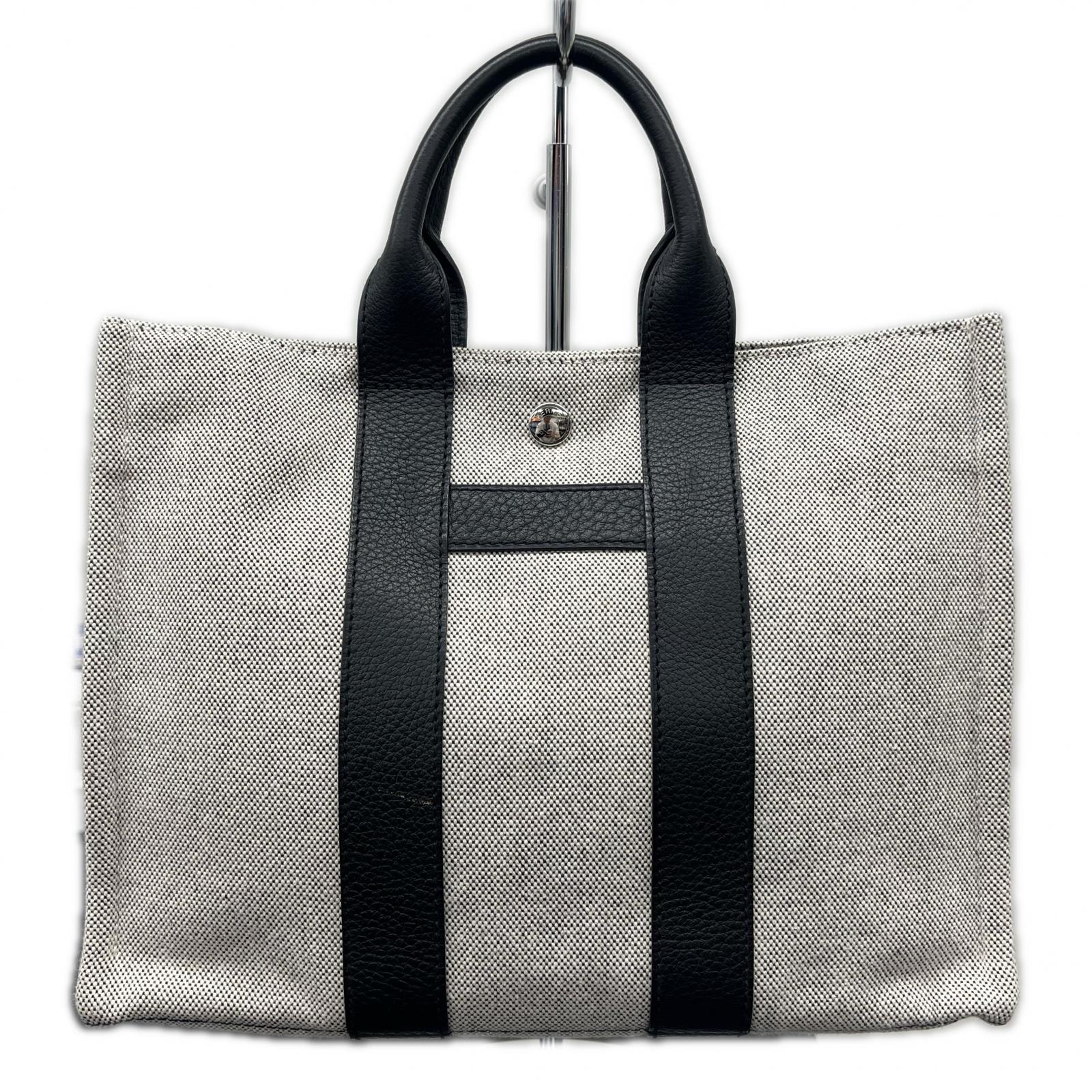 HERMES 極美品 エルメス サックアーネPM トートバッグ トワルアッシュ ネゴンダ キャンバス レザー ブラック ホワイト ハンドバッグ Aランク 中古 鑑定済 エルメスバッグ