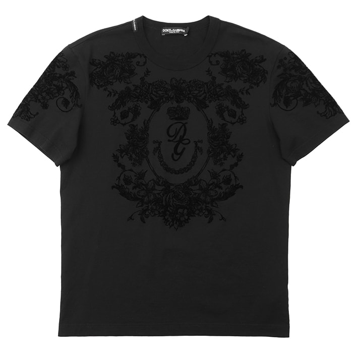 SALE【美品】DOLCE&GABBANA ドルチェアンドガッバーナ Tシャツ サイズ 48 メンズ シグネチャー バロック調 DG クレスト クラウン 王冠 花柄 薔薇 ローズ フラワー フロッキープリント 半袖 トップス ブラック 黒 イタリア製