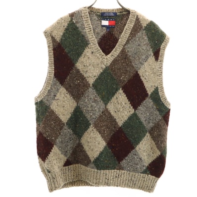 TOMMY HILFIGER トミーヒルフィガー 90s オールド フラッグタグ アーガイル柄 Vネック ニットベスト L ベージュ