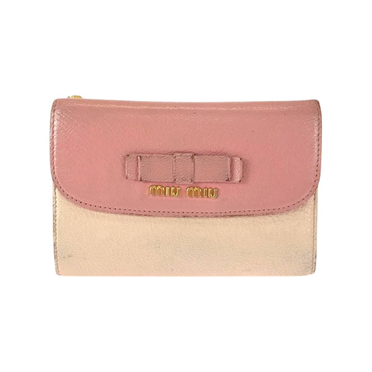 MIUMIU ミュウミュウ マドラス リボン ピンク ゴールド金具 レザー 折財布 コンパクトウォレット 600412 【中古】
