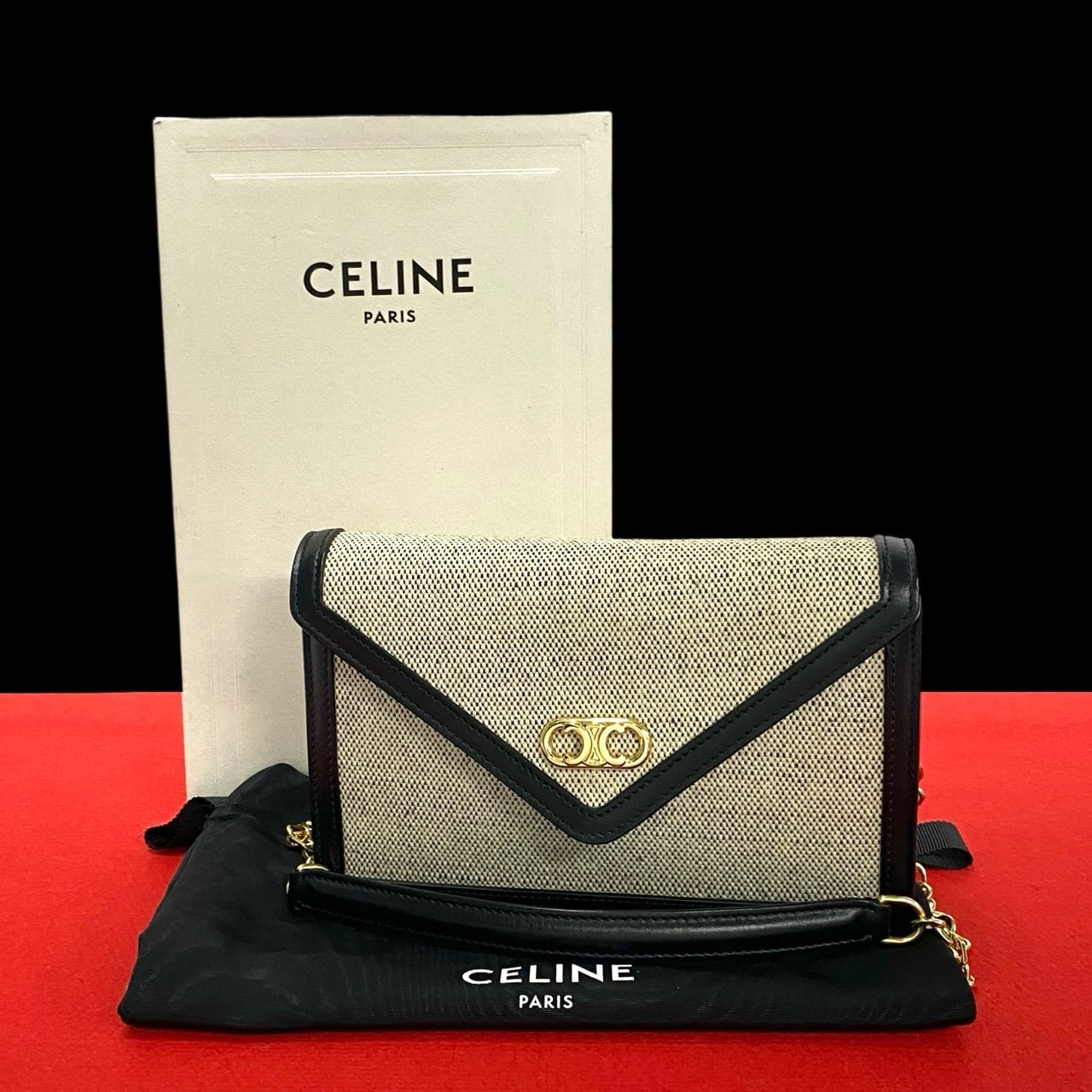 CELINE セリーヌ トリオンフ チェーン ショルダー キャンバス レザー ショルダーバッグ ブラック
 37007