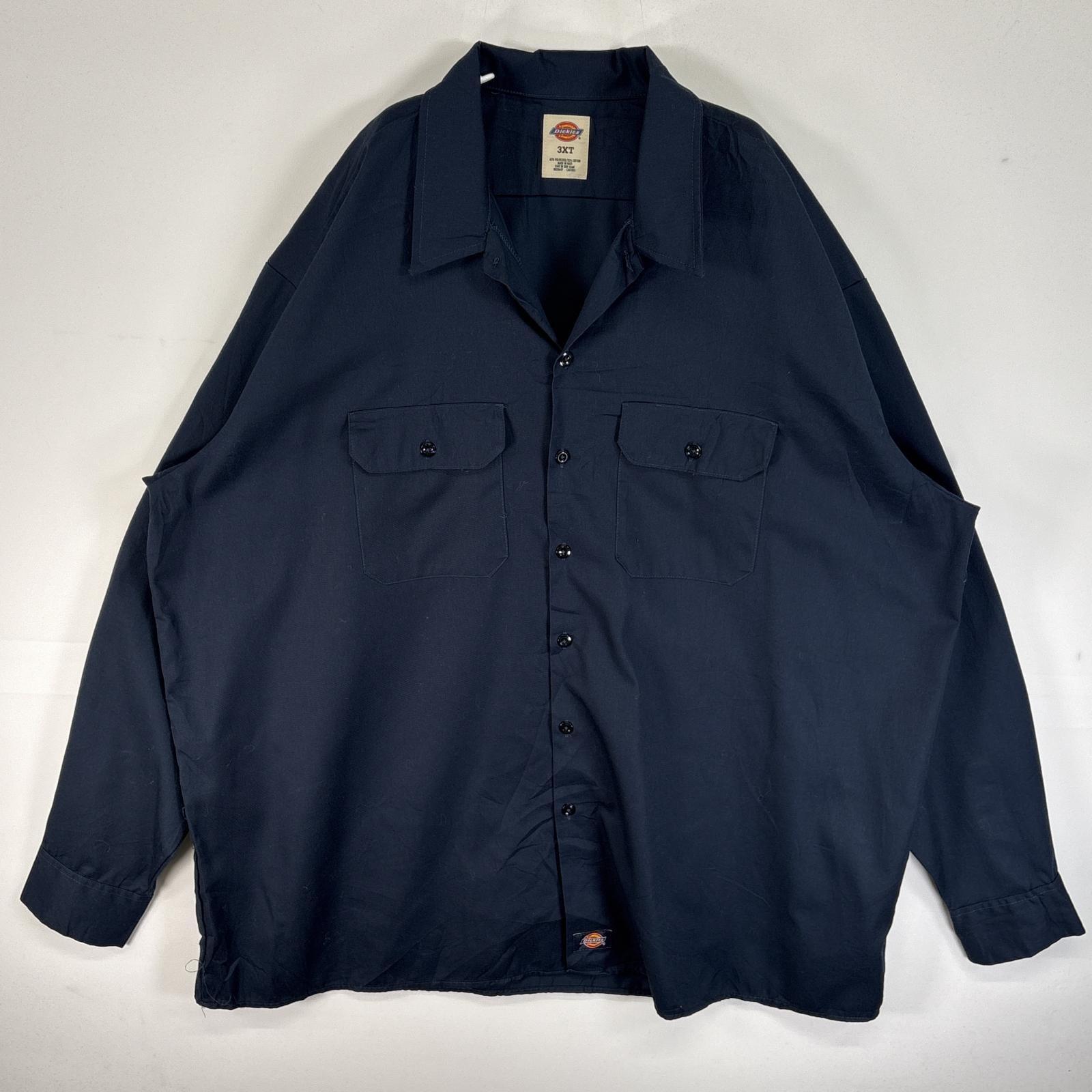 古着 ディッキーズ Dickies 長袖シャツ ワンポイント ロゴ ワーク 作業着 フラップポケ 大きいサイズ 3XT  ネイビー 無地 メンズ