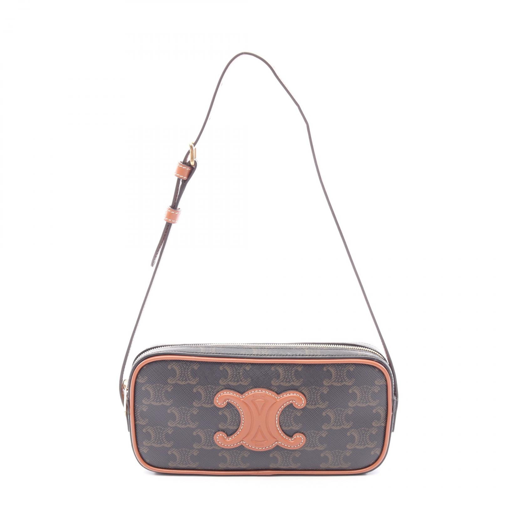 セリーヌ CELINE キュイル トリオンフ ミニ カメラバッグ ショルダーバッグ バッグ PVCコーティングキャンバス レザー レディース ブラック系 / ブラウン系 10J582EGP 【中古】