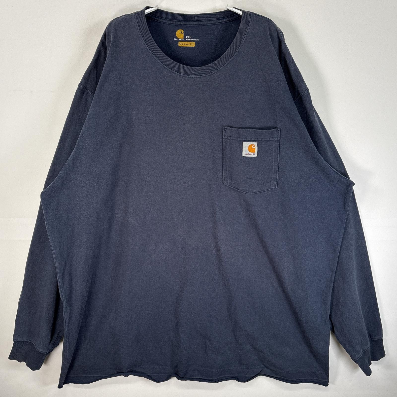 古着 カーハート Carhartt 長袖Tシャツ ワンポイント ロゴ 大きいサイズ 肉厚 2XL  ネイビー 無地 メンズ