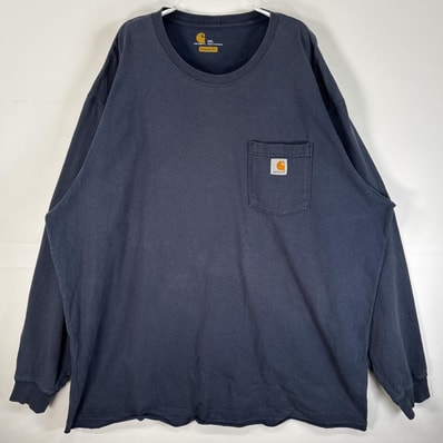 古着 カーハート Carhartt 長袖Tシャツ ワンポイント ロゴ 大きいサイズ 肉厚 2XL ネイビー 無地 メンズ