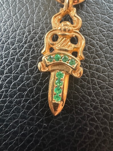 Chrome Hearts 22K #5 DAGGER Pave Emerald Gold Necklace Top "Yellow Gold/Green"