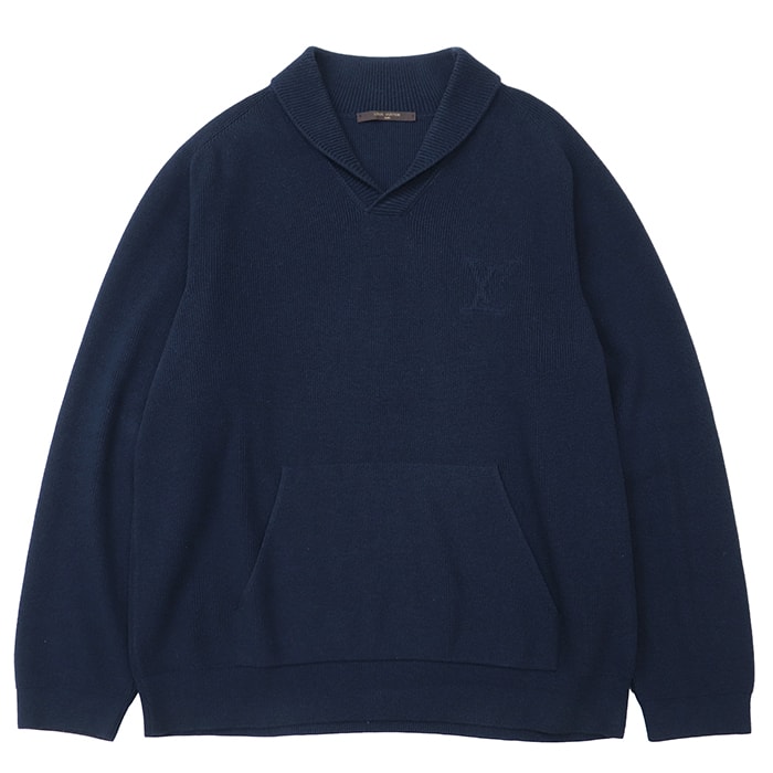 【美品】LOUIS VUITTON ルイ・ヴィトン ニットトップス サイズ XL メンズ LV ロゴ ウール × コットン プルオーバー ネイビー 紺 イタリア製