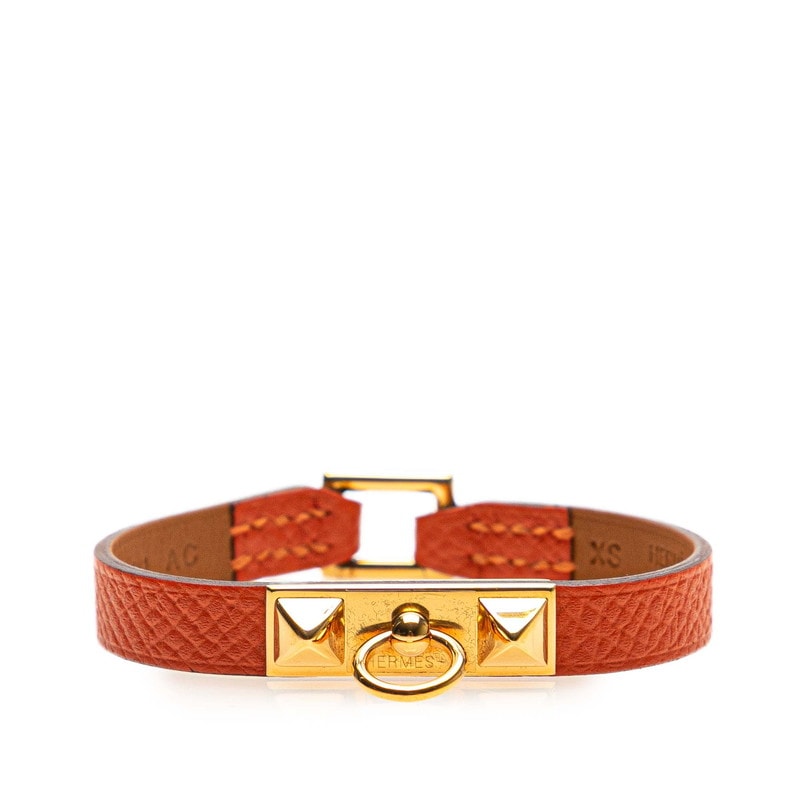 エルメス リヴァル ミニ ブレスレット オレンジ ゴールド レザー メタル レディース HERMES 【中古】
