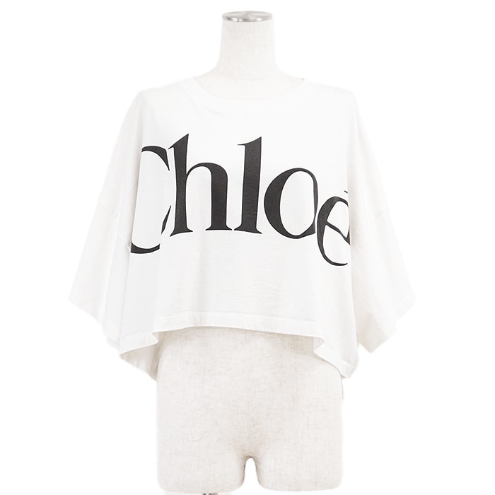 美品 クロエ クロップド カットソー ロゴプリント リラックスフィット 半袖Tシャツ レディース ホワイト ブラック M Chloe
