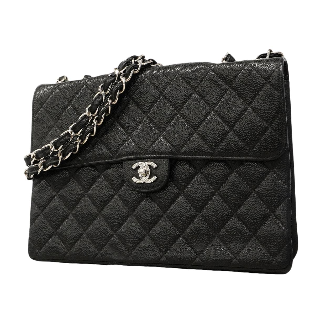 ★SALE【6gd3797-h】シャネル ショルダーバッグ デカマトラッセ Wチェーン キャビアスキン ブラック シルバー金具【中古】レディース
