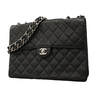 ★SALE【6gd3797-h】シャネル ショルダーバッグ デカマトラッセ Wチェーン キャビアスキン ブラック シルバー金具【中古】レディース