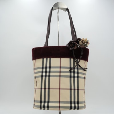 BURBERRY(バーバリー)ノバチェック トートバッグ ベロア ベージュ ボルドー フラワーチャーム レディース 肩掛け キャンバス レザー【中古】