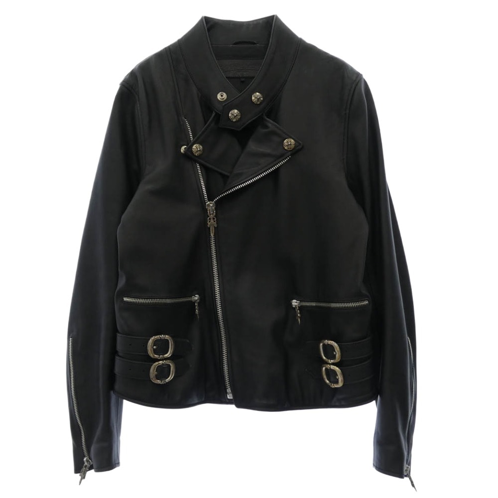 CHROME HEARTS クロムハーツ(原本無) ライダースジャケット 純正ガーメントケース付属 クロスボールボタン ダガージップ スクロールラベル ガンスリンガー レザー セミダブルライダース ジャケット ブラック系 S【中古】