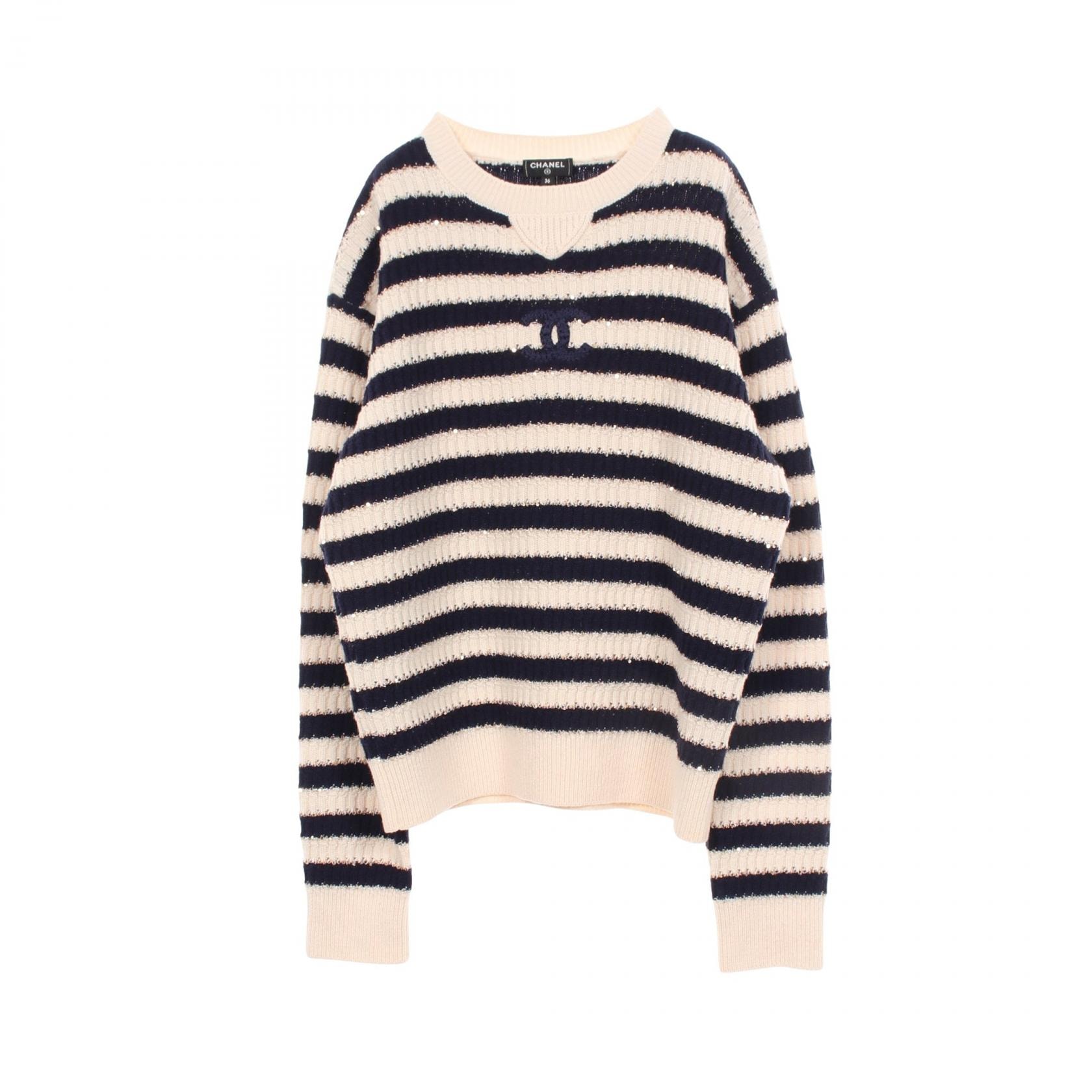 シャネル CHANEL ココマーク スパンコール付き ボーダー ニット 衣料品 トップス カシミヤ ナイロン レディース ホワイト系 / ネイビー系 P70336K10015 【中古】