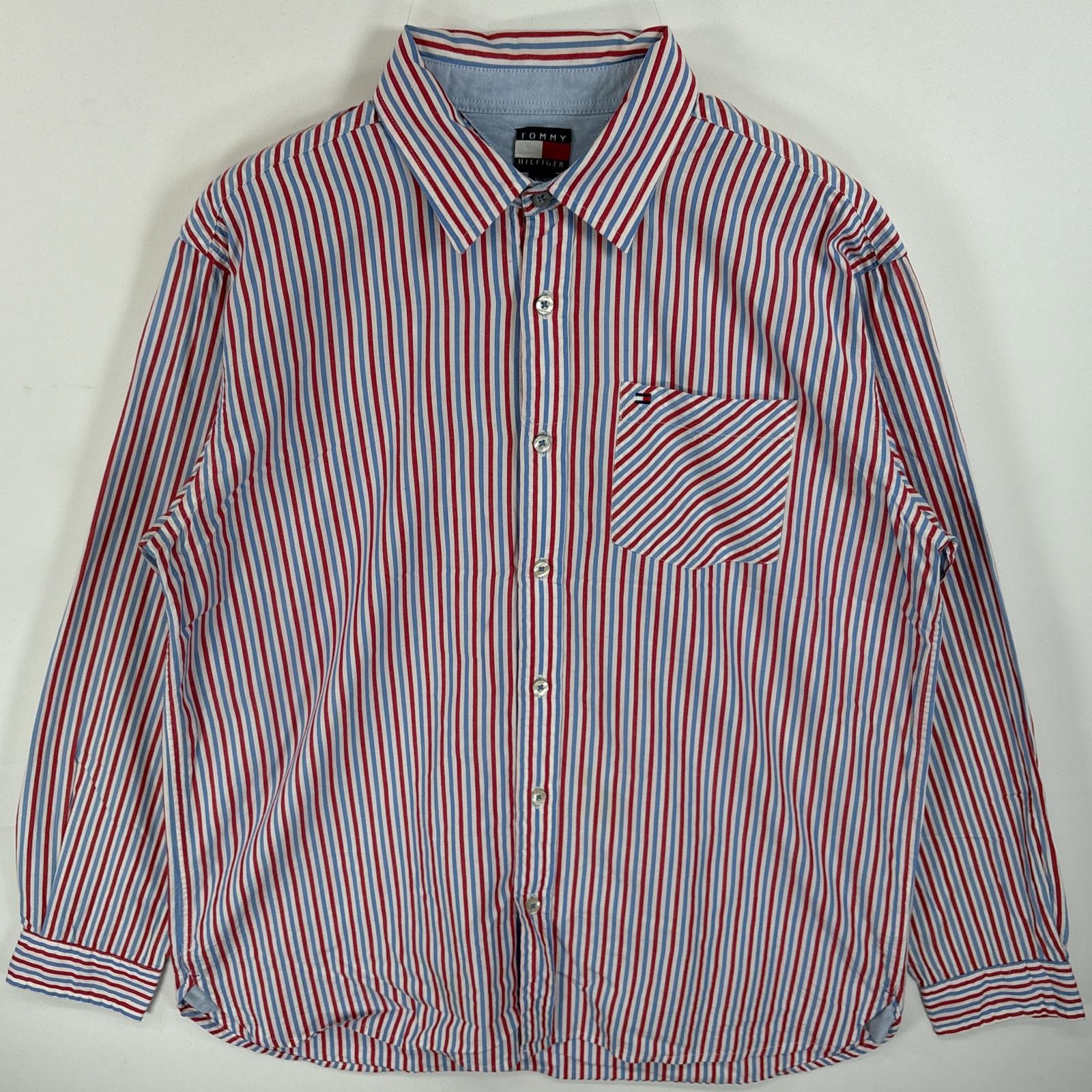 古着 90's/90年代 トミーヒルフィガー TOMMY HILFIGER 長袖シャツ ワンポイント 刺繍 ロゴ 胸ポケ XL  レッド系 マルチカラー メンズ
