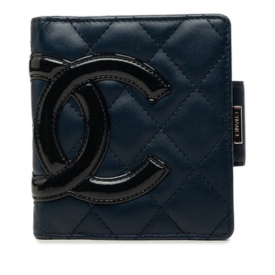 シャネル カンボンライン ココマーク 二つ折り財布 ネイビー エナメル カーフスキン レディース CHANEL 中古