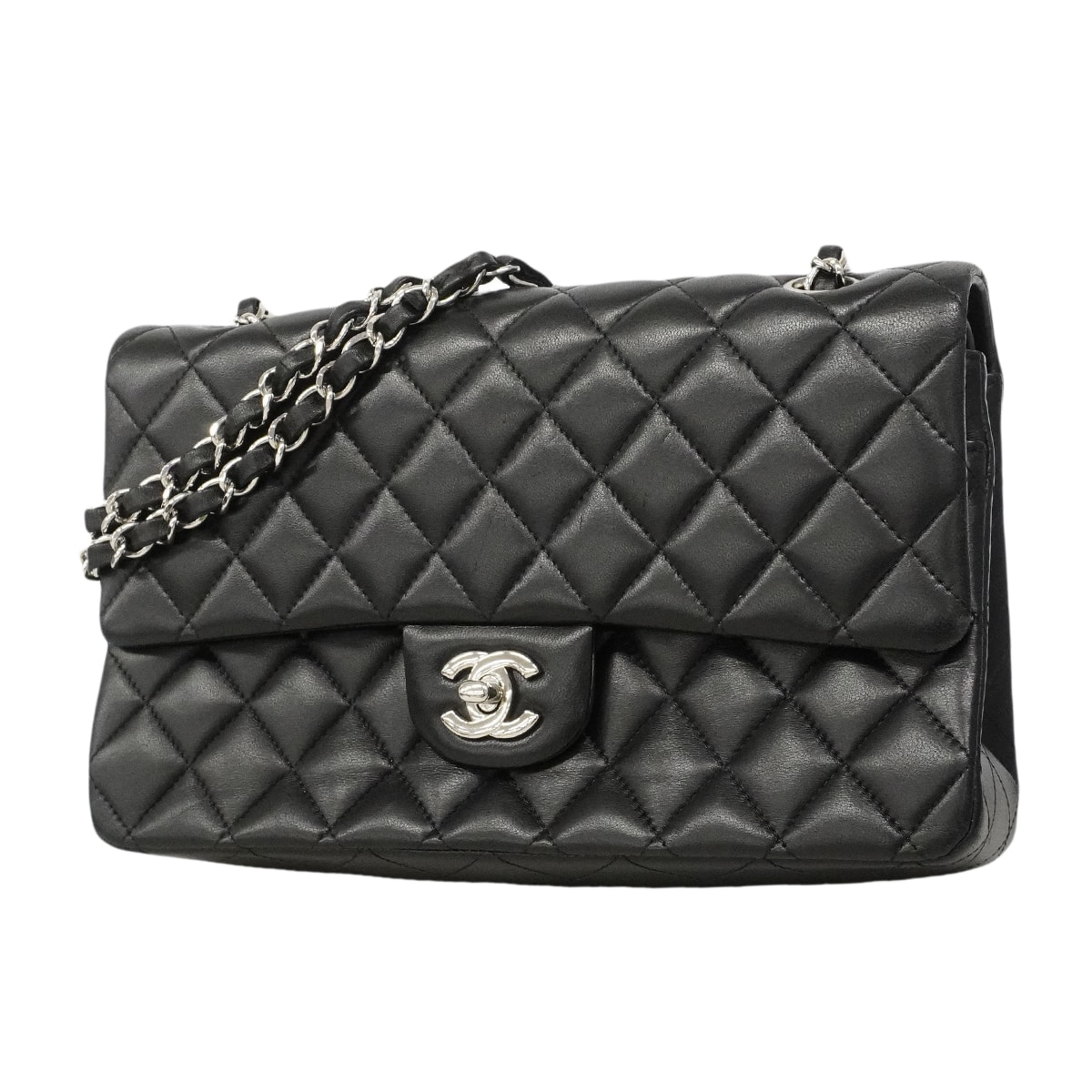 【6gd4381】シャネル ショルダーバッグ マトラッセ Wフラップ Wチェーン ラムスキン ブラック シルバー金具【中古】レディース