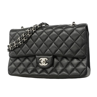 【6gd4381】シャネル ショルダーバッグ マトラッセ Wフラップ Wチェーン ラムスキン ブラック シルバー金具【中古】レディース