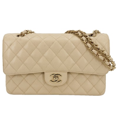 CHANEL シャネル ショルダーバッグ マトラッセ25 ダブルチェーン ダブルフラップ 肩掛け 斜め掛け ココマーク ターンロック キャビアスキン ベージュ ゴールド金具 レディース【中古品】