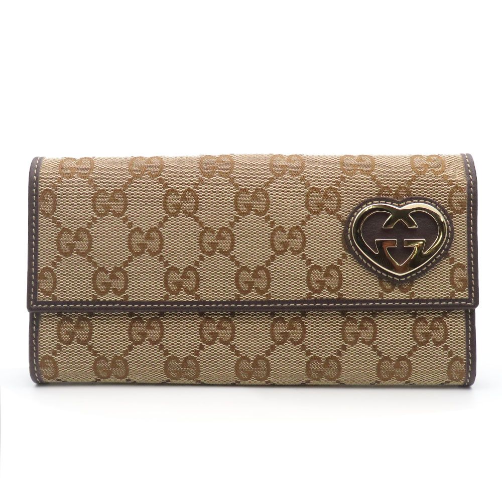 【中古】 グッチ 長財布 245723 GGキャンバス レザー ブラウン ベージュ ゴールド金具 Wホック ラブリーハート 小物 レディース 女性 GUCCI