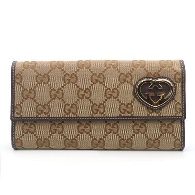 【中古】 グッチ 長財布 245723 GGキャンバス レザー ブラウン ベージュ ゴールド金具 Wホック ラブリーハート 小物 レディース 女性 GUCCI
