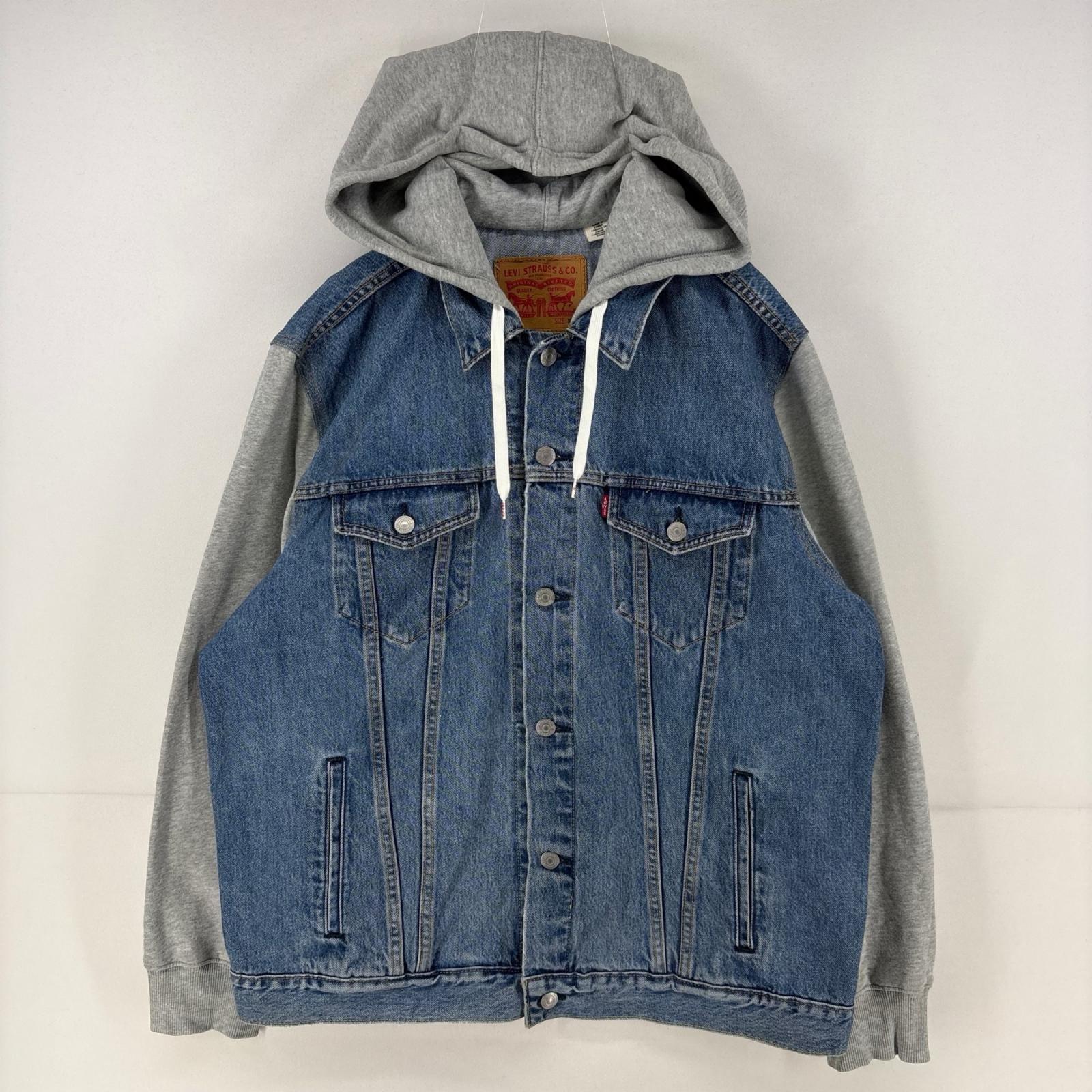 古着 リーバイス Levi's ジャケット スウェット フーディ 胸ポケット デニムジャケット パーカー 大きいサイズ 2XL  ブルー メンズ
