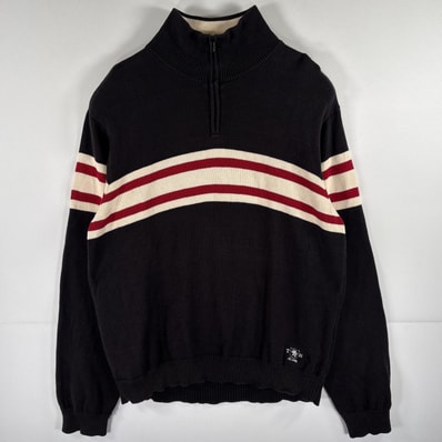 古着 トミーヒルフィガー TOMMY HILFIGER コットンニットセーター ハーフジップ ボーダー リブ襟 裾ワンポイント刺繍 大きいサイズ 14041 ブラック メンズ