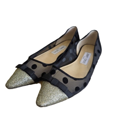 JIMMY CHOO ジミーチュウ DOROTHY ドロシー ドット リボン シアー フラットパンプス ポインテッドトゥ 23.5cm パンプス ブラック シルバー レディース【中古】