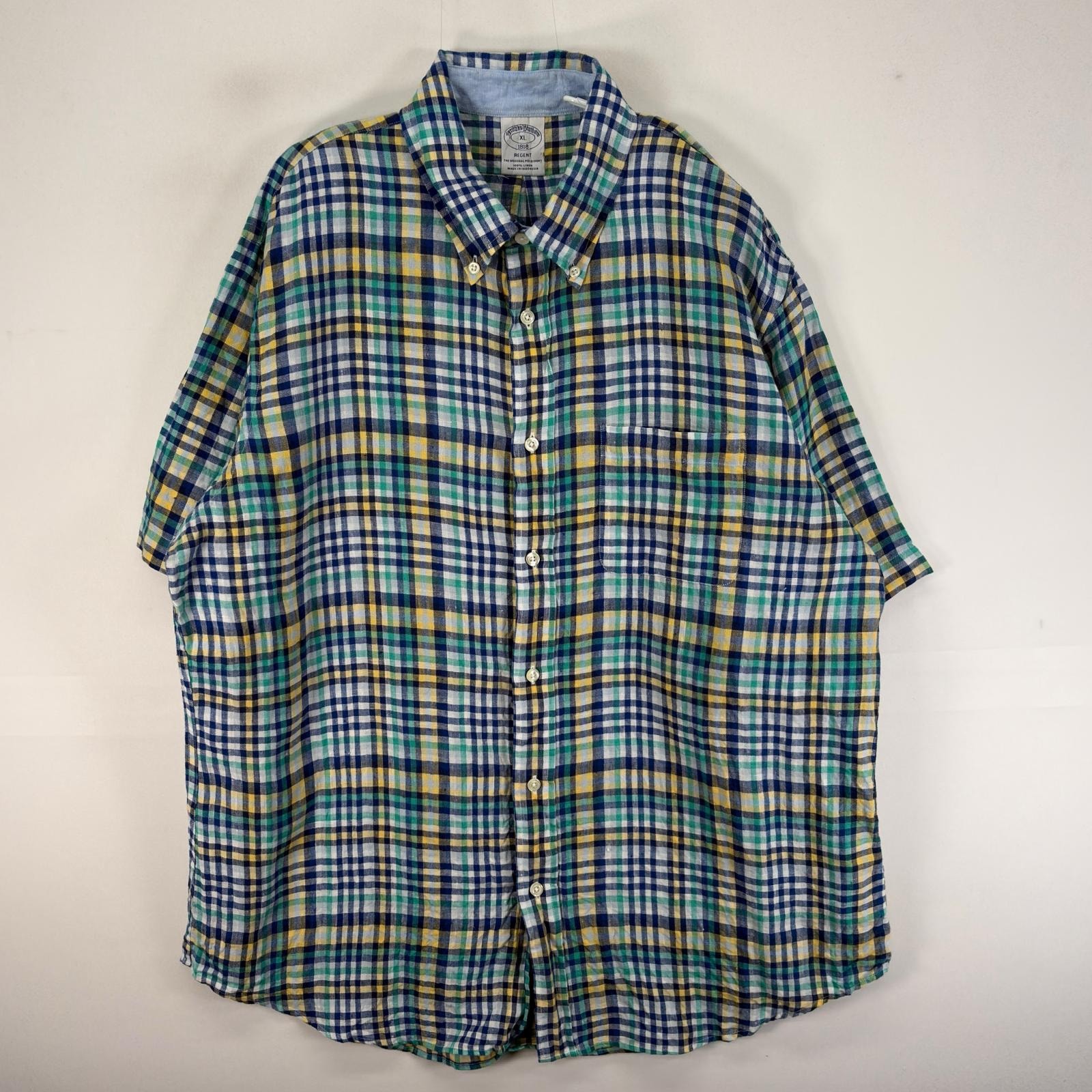 古着 ブルックスブラザーズ Brooks Brothers 半袖シャツ 胸ポケ 1818 リネン XL  ブルー系 チェック メンズ