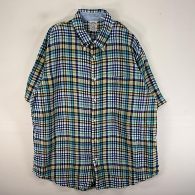 古着 ブルックスブラザーズ Brooks Brothers 半袖シャツ 胸ポケ 1818 リネン XL ブルー系 チェック メンズ