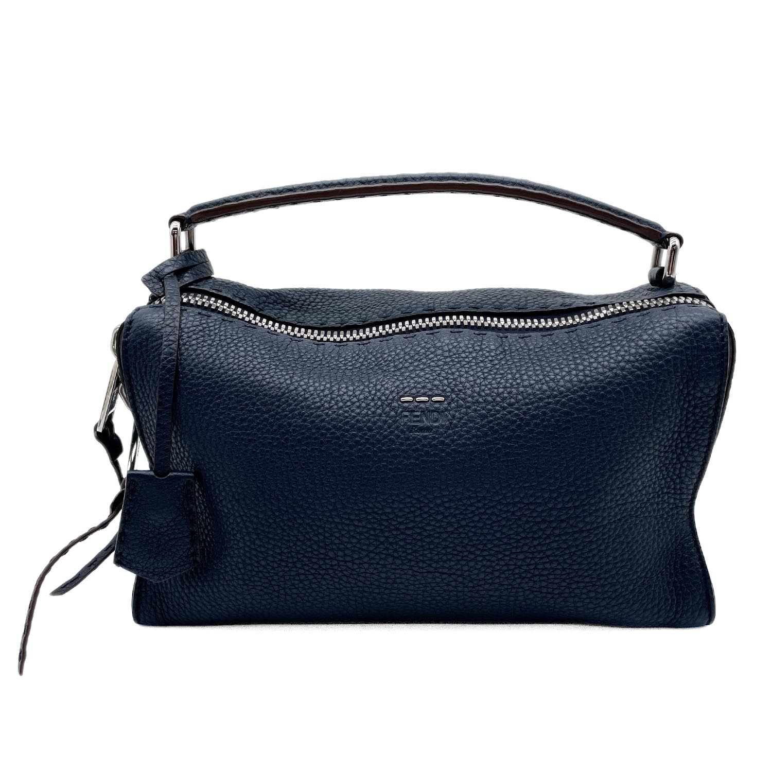 FENDI フェンディ セレリア レイ ミニ ボストン 2WAY ショルダーバッグ
 ステッチ レザー ネイビー ユニセックス
 【中古】