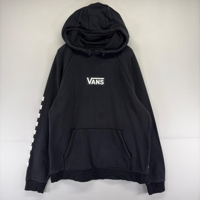 古着 バンズ VANS スウェット パーカー プリント ラグラン プルオーバー ロゴ スケーター XL ブラック メンズ