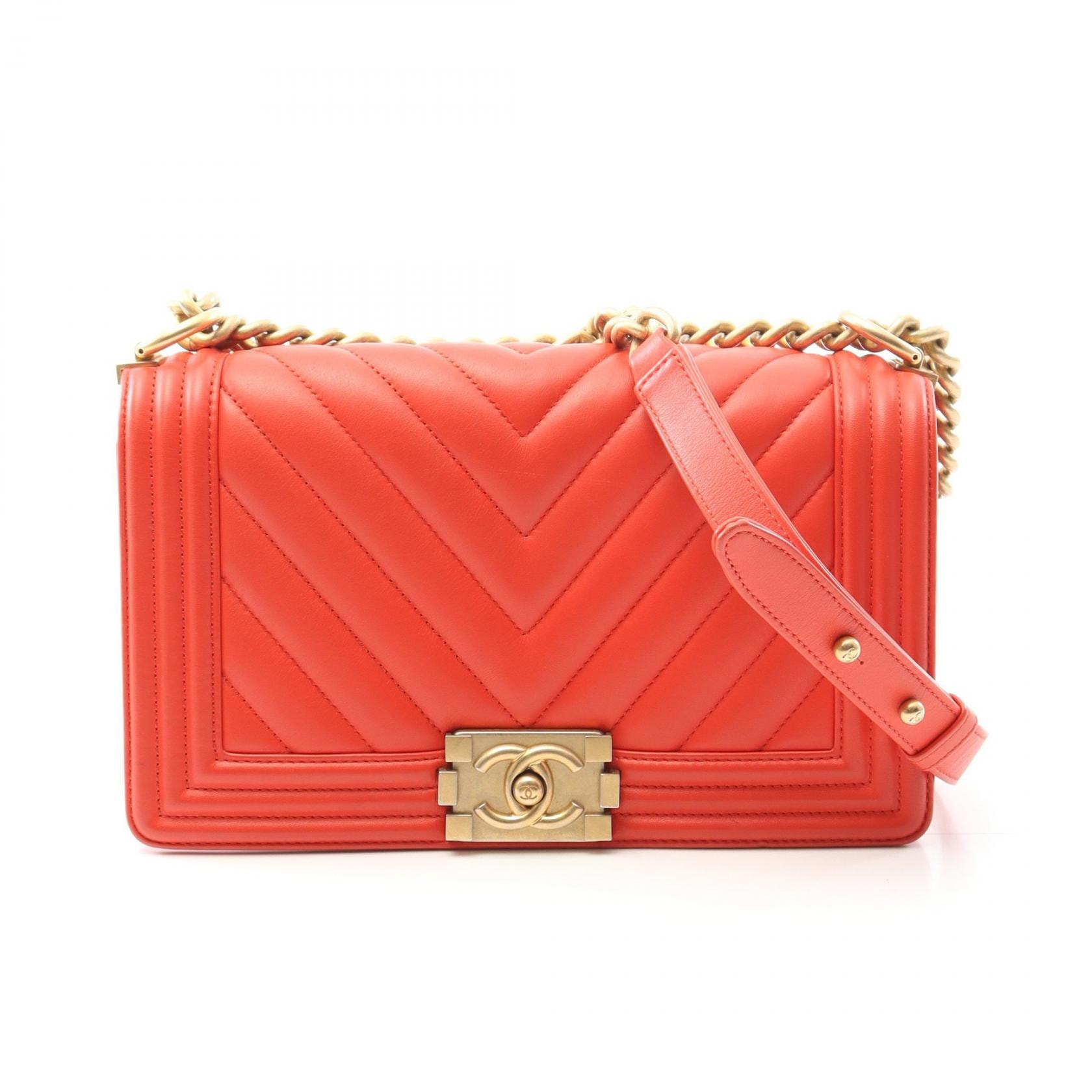 シャネル CHANEL ボーイシャネル シェブロン Vステッチ ショルダーバッグ バッグ ラムスキン(羊革) レディース レッド系 【中古】