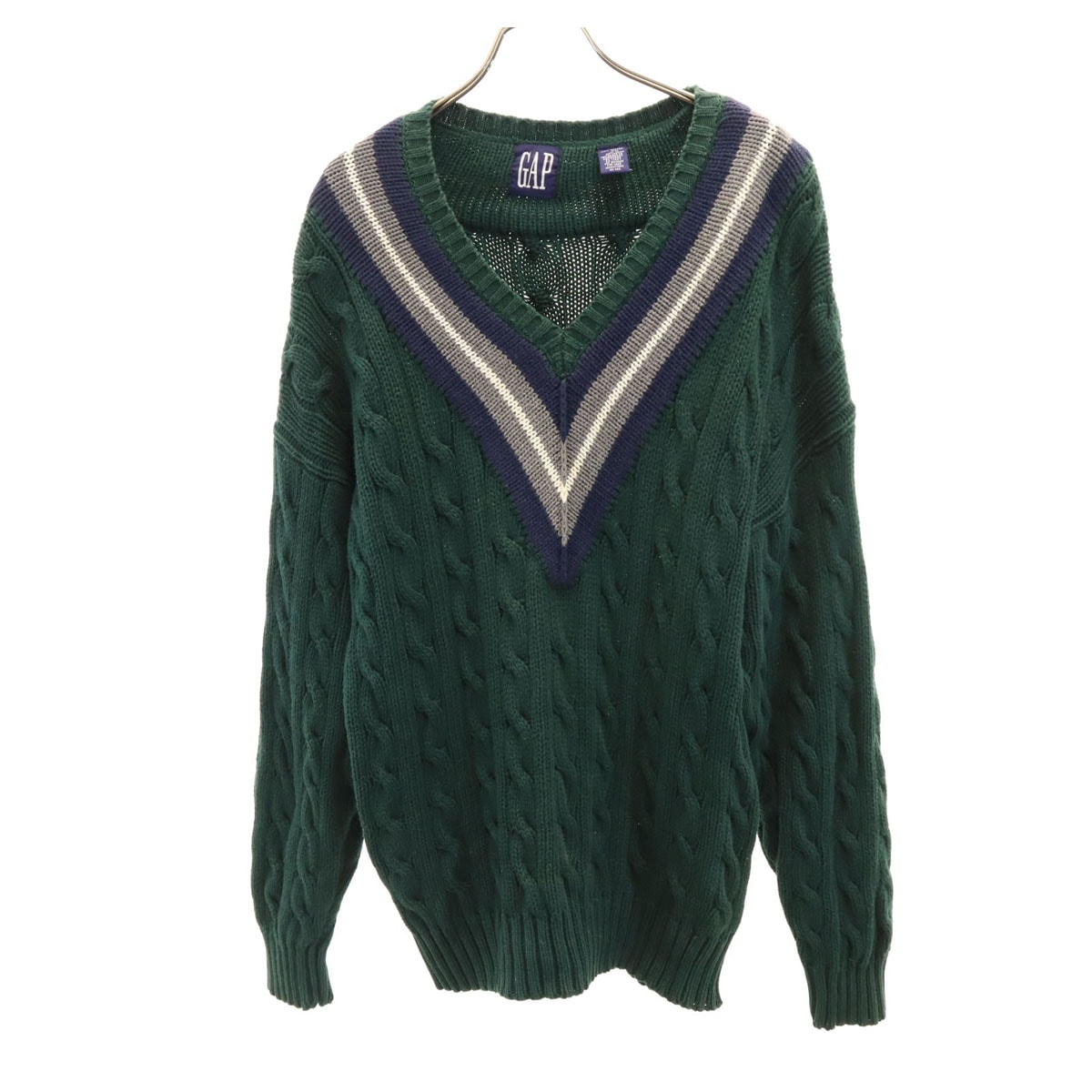 GAP ギャップ 90s オールド チルデン 長袖 Vネック ケーブル ニット L 深緑 セーター