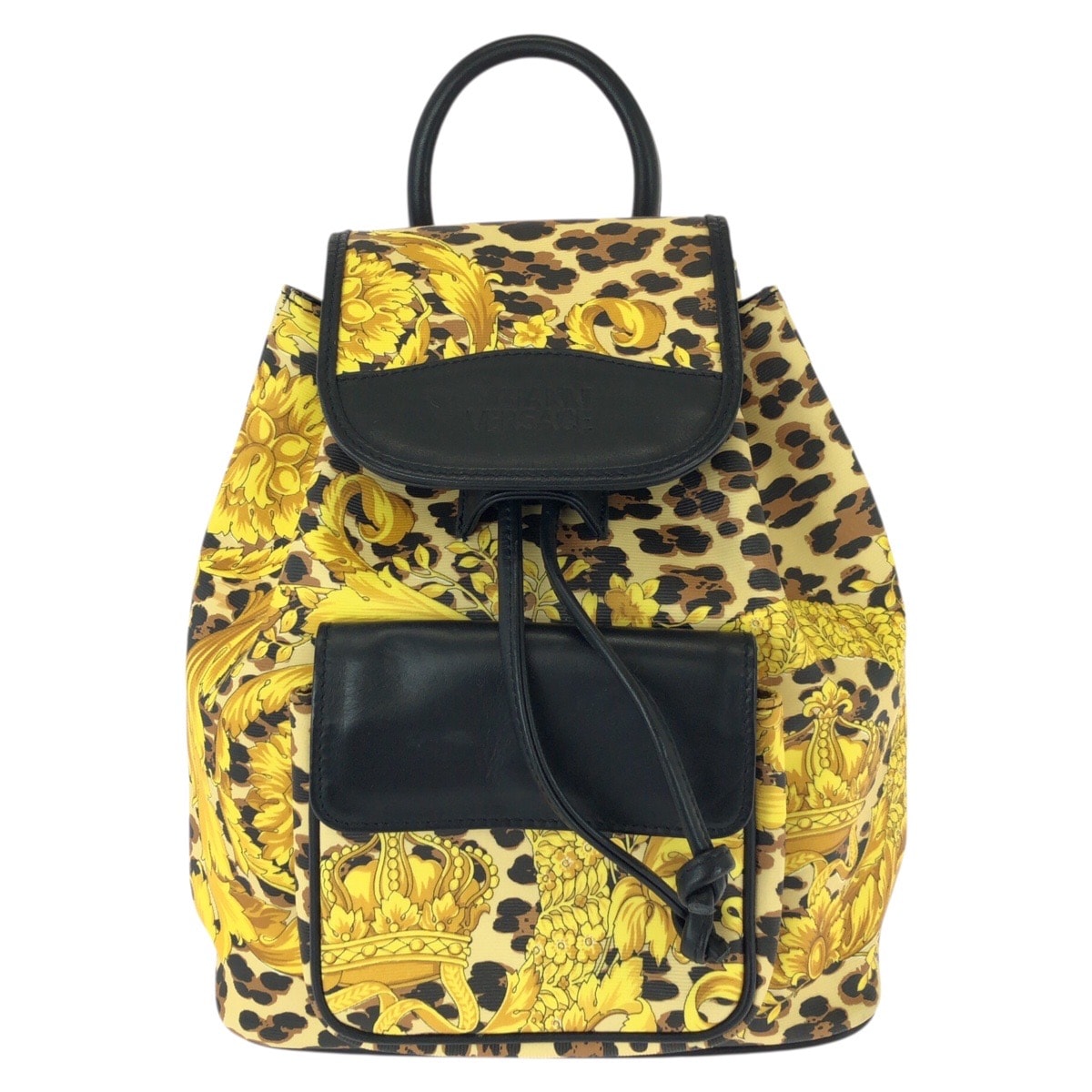 美品 VERSACE ヴェルサーチ ヴィンテージ バロック柄 イエロー ブラック ゴールド金具 PVC レザー/ リュックサック バックパック 604139 【中古】