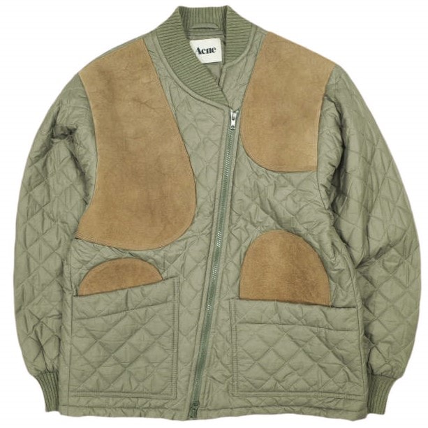 ACNE アクネ SINCLAIR カウスエードパッチ キルティングジャケット 34 OLIVE/BROWN ボンバー アウター g24370