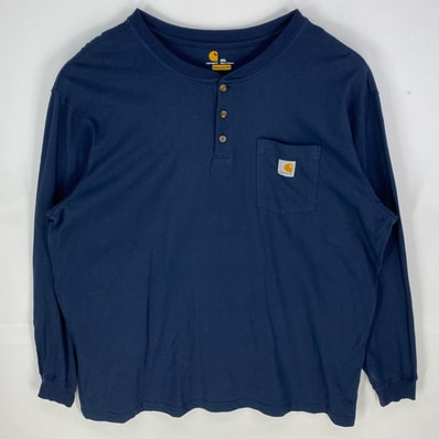 古着 カーハート Carhartt 長袖Tシャツ ヘンリーネック ワンポイント 胸ポケット 大きいサイズ 2XL ネイビー系 メンズ