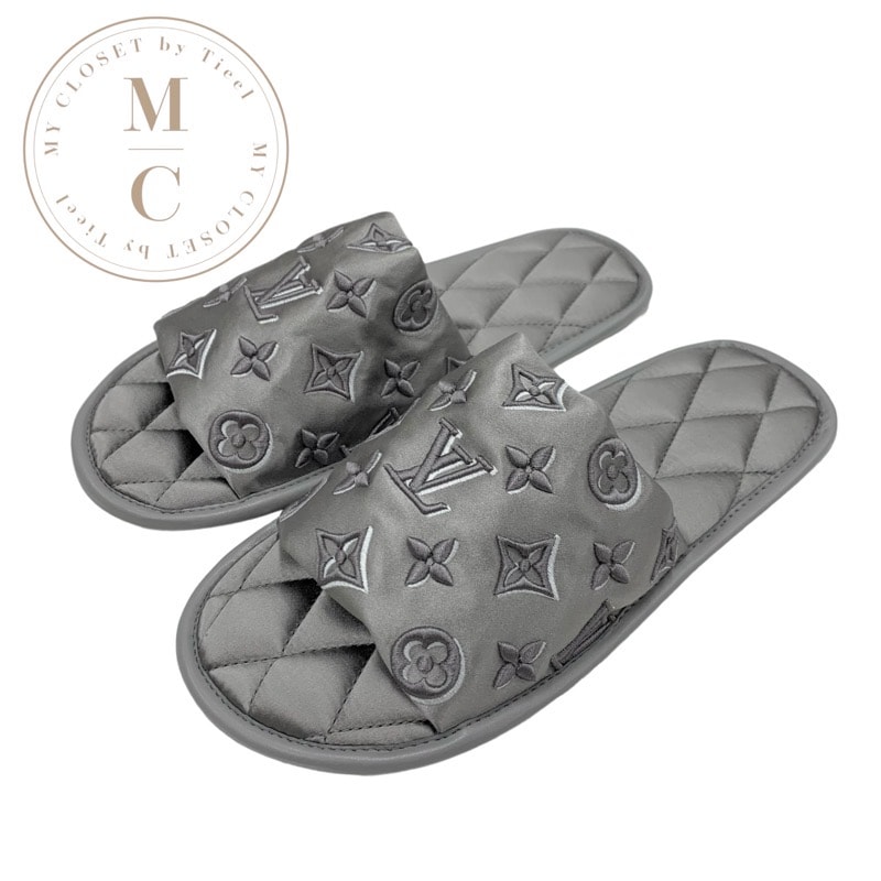 ルイヴィトン LOUIS VUITTON ホーミーライン モノグラム フラットシューズ 靴 シューズ サテン グレー 未使用 スリッパ ルームシューズ