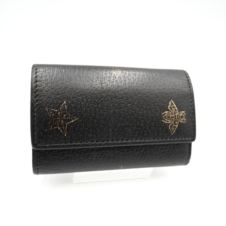 GUCCI(グッチ)アニマリエ ビー&スター キーケース ヴィンテージ レザー ブラック ゴールド金具 6連 メンズ レディース 495071【中古】
