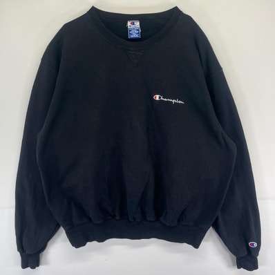 古着 90's/90年代 チャンピオン Champion スウェット ロゴ トレーナー クルーネック 前Vガゼット 3XL ブラック系 無地 メンズ
